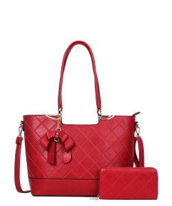 2in1 Quilt Bow Tote Bag With Wallet Set TT-8581W RED/